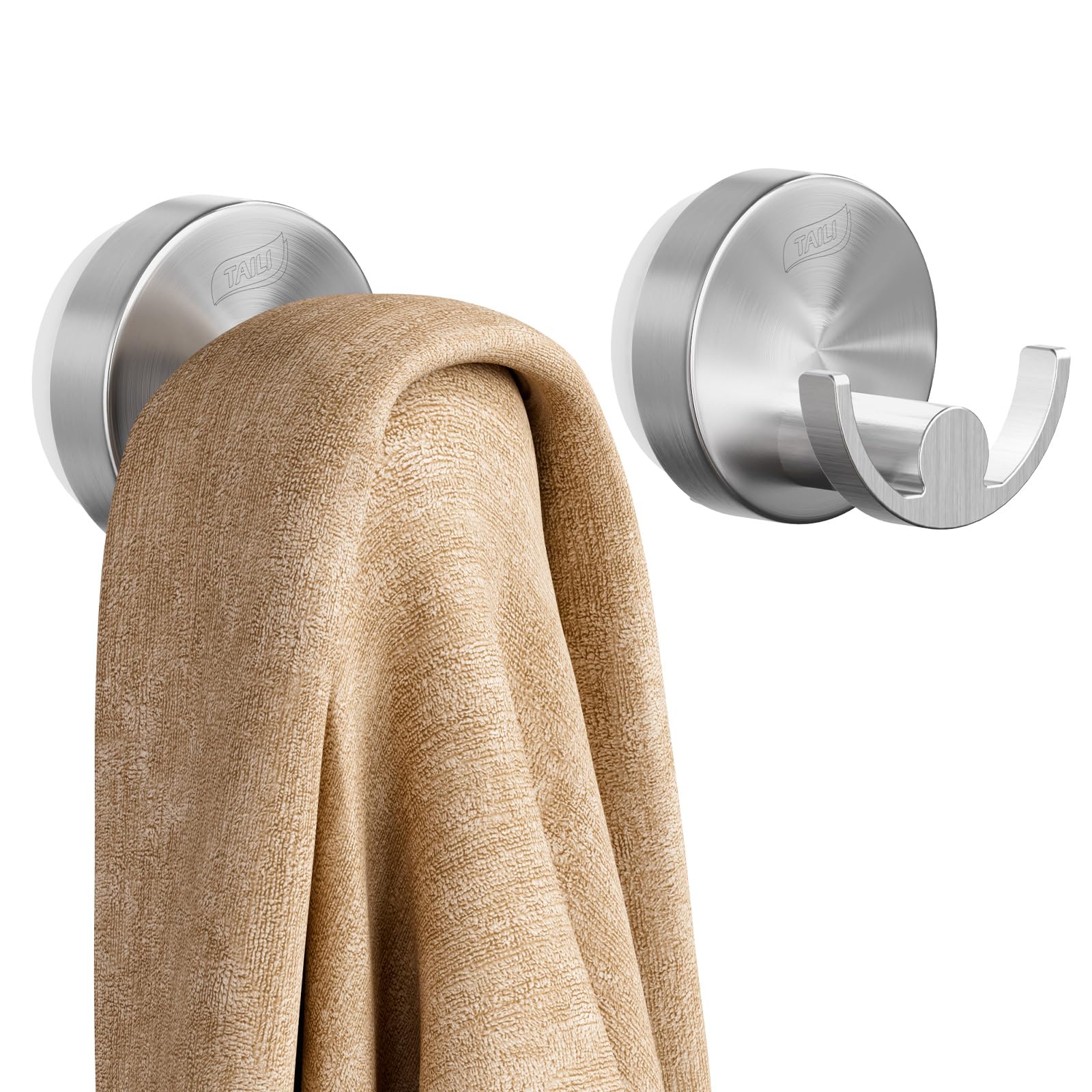 Photo 1 of TAILI Stylish 304 Stainless Steel Bathroom Suction Hooks for Towel, Bathrobe, Loofah, No Damage Hanging Glass Shower Wall Hook, Patented Strong Suction Cup Holder, Hold Up to 11 Lbs, U-Cylinder Silver