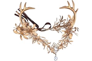 MOSTORY Gold Fairy Antler Crown - Woodland Flower Deer Horns Headpiece Elf Forest Ciecle for Women Renaissance Cosplay Renfaire Outfit Hallween Costume