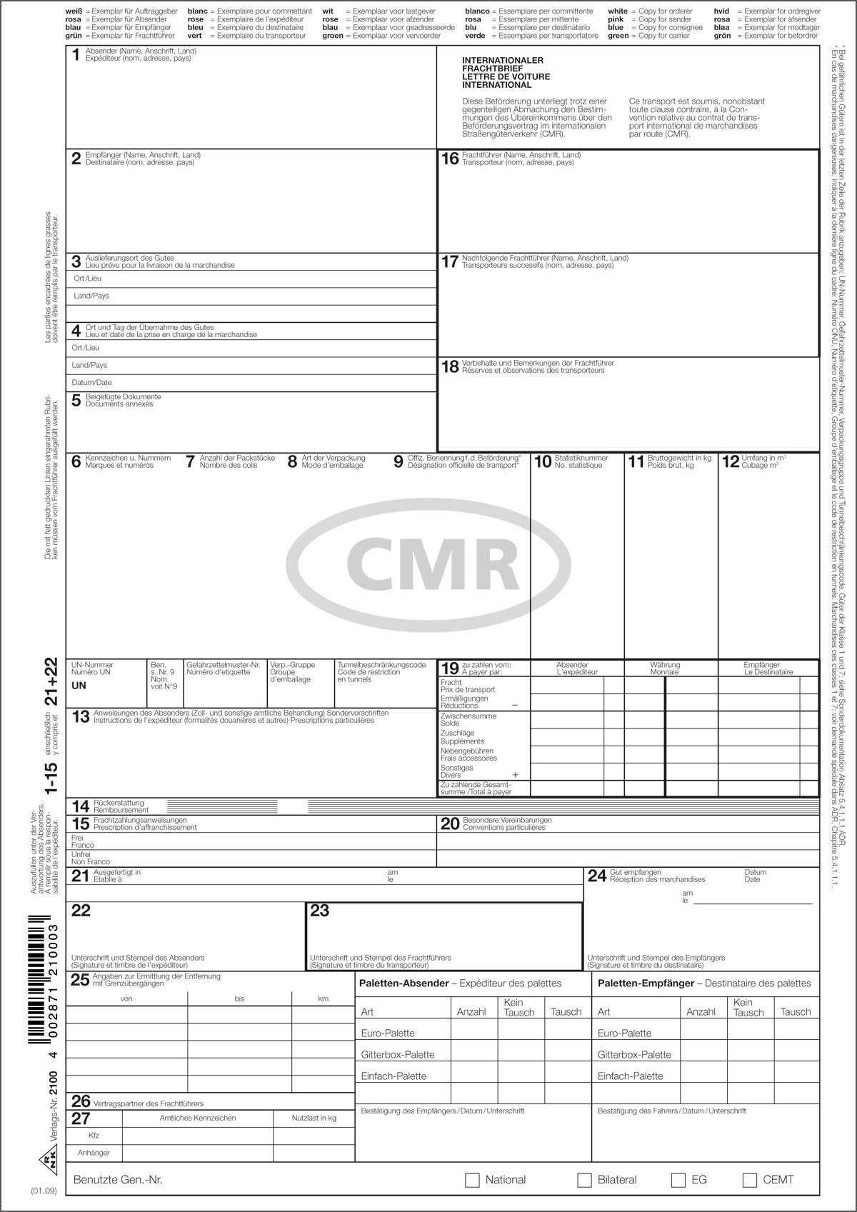 RNKVERLAG 2100 – International Consignment Note (CMR) – SD, 1 x 4 Sheets, DIN A4, Pack of 50