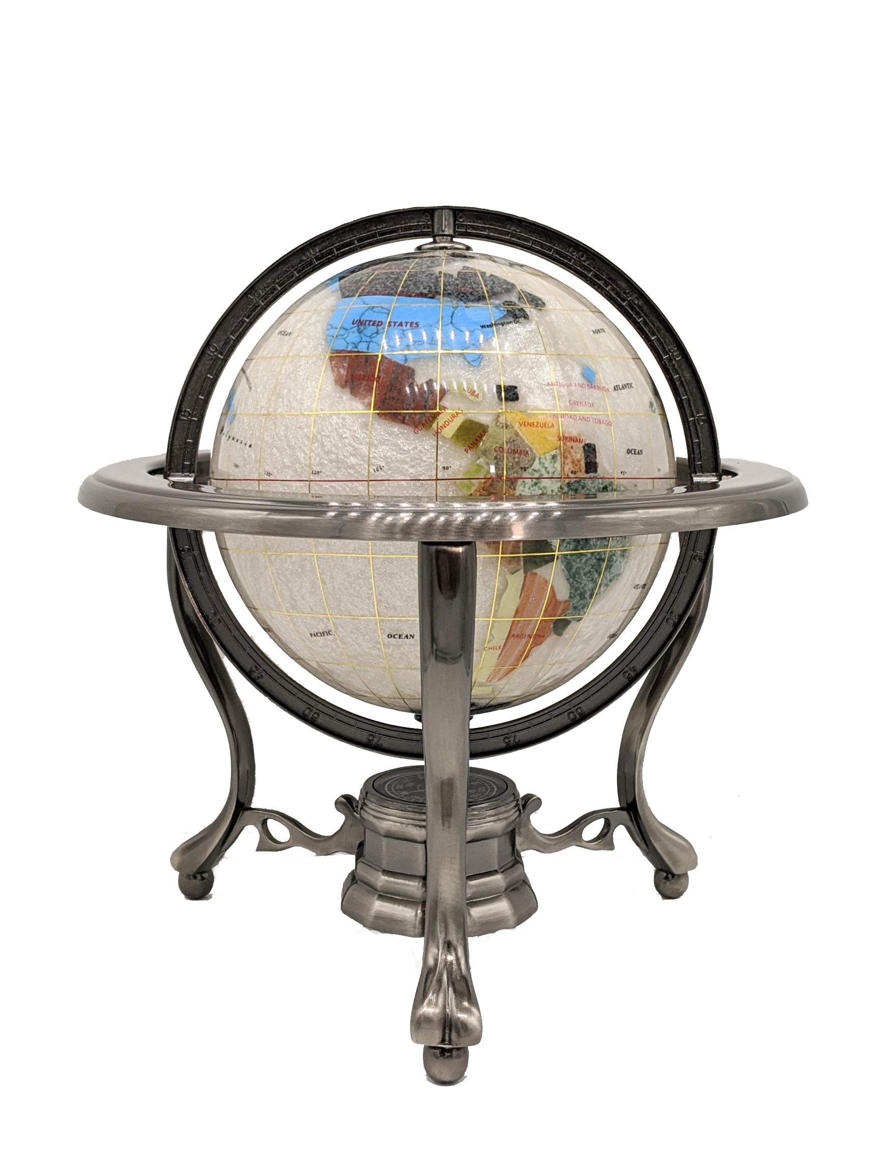 Unique Art 10-Inch by 6-Inch Pure Pearl Swirl Ocean Table Top Gemstone World Globe with Silver Tripod