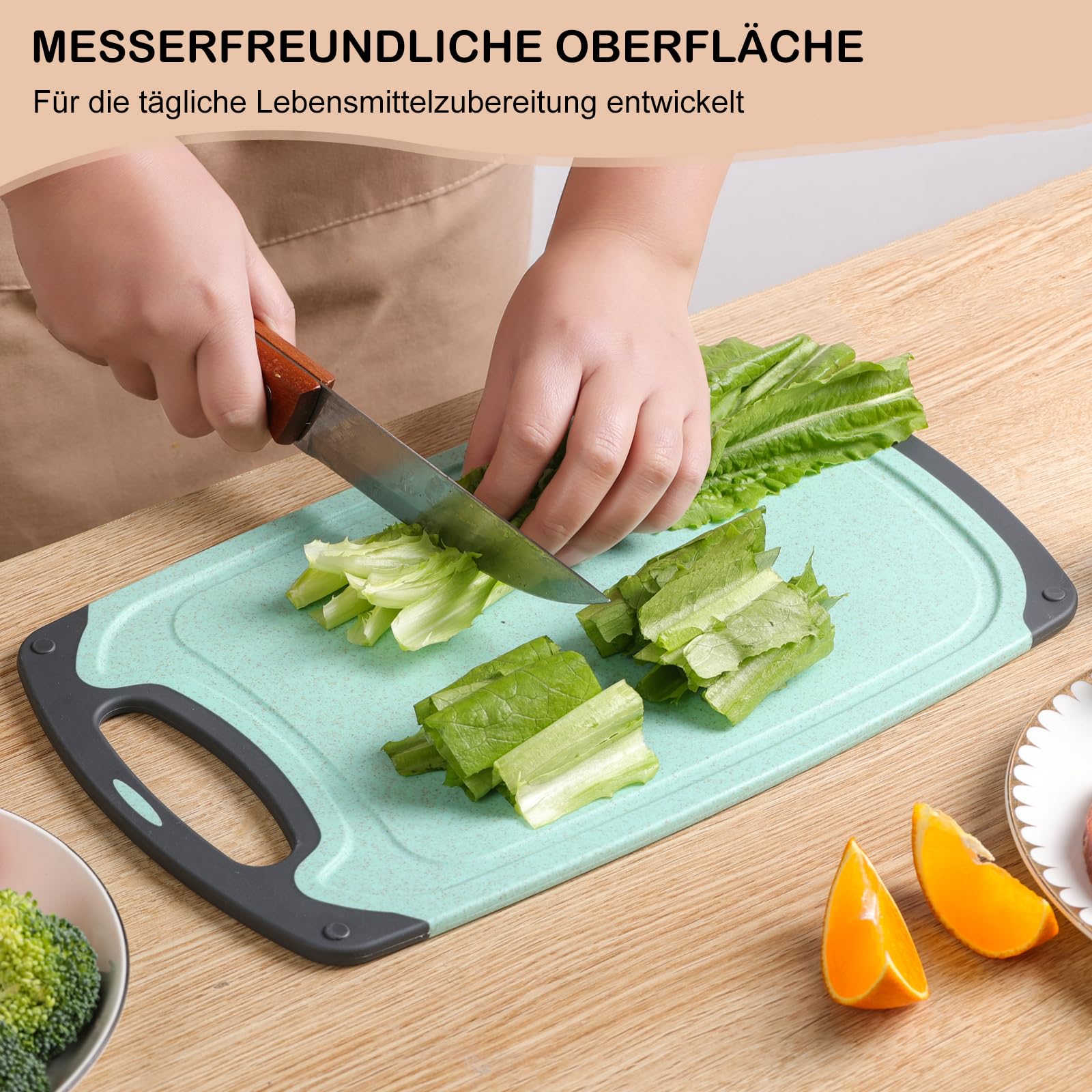 Schneidebrett Set 3 Stück Weizenstroh Küche Schneidebretter BPA Frei mit Saftrillen Leicht Zu Greifen, Hängenden Löchern, Rutschfestem, Spülmaschinenfestem Schneidebrett (Beige + Grün + Pink) 5