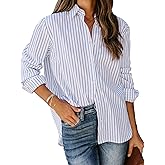POWSEEN Women's Button Down Shirts Striped Long Sleeve Collared Office Work Blouses Tops Statement Tunic Tops