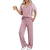 Ekouaer Womens Ribbed Knit Lounge Set Short Sleeve Top and Long Pants Sleepwear Pajama Set Two Piece Matching Outfits Set