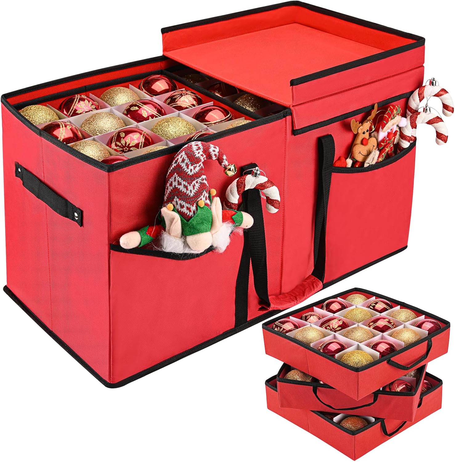 Holiday Décor Storage - Winpull Christmas Ornament Storage Box with 8 Trays & Dividers, Christmas Storage Container Fits 128 Holiday Ornaments Decorations, Large Xmas Organizer box with Lid, Pockets, Velcro Handle