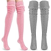 Holibanna 2 Pairs Thigh High Socks Cable Knitted Thigh High Boot Socks Over Knee Leg Warmers Fluffy Winter Stockings for Women Pink+Grey, One Size