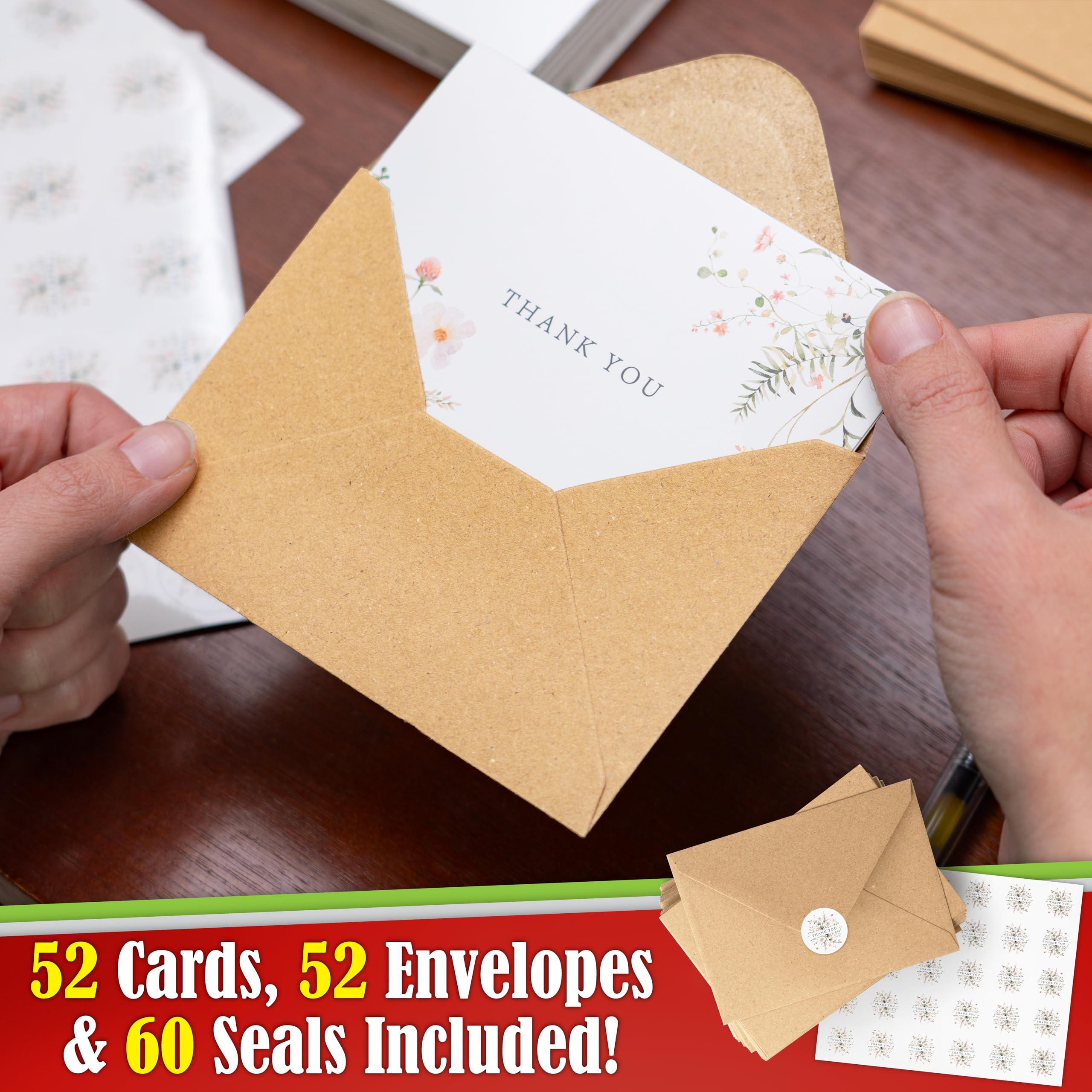 52-pack Floral Thank You Cards Bulk with Kraft Envelopes & Matching Stickers, 3.5x5 Inches, 6 Wildflower Designs | Perfect for Weddings, Baby & Bridal Showers, Graduations & Birthday