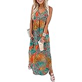 OFEEFAN Maxi Dresses for Women 2026 Loose V Neck Sleeveless Casual Beach Vacation Dress Side Slit Sundresses with Pockets
