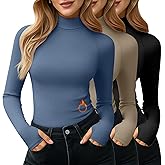 Velvelhall 3 Pack Women's Turtleneck Shirts Long Sleeve Slim Fit Thermal Underwear Tops Mock Neck Base Layer with Thumb Holes(Black, Khaki, Denim Blue,L)