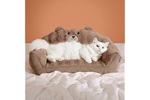 LE SURE Cute Cat Couch for Pets - Fluffy Original Bear Design Cat Beds for Indoor Cats, Fuzzy Cats Sofa with Removable Washable Cover, Supportive Pet Chair, 24inch, Brown