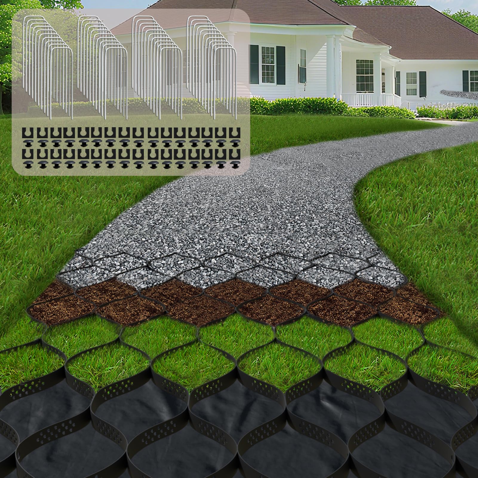 Photo 1 of 2" Thick Gravel Ground Grid 13ft x 33ft - Geo Grid Driveway Stabilization Grids, Gravel Retainer Grid 1885 LBS Per Sq ft, Geocell Geogrid for Walkway Driving RV Parking Slopes and Garden