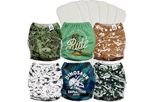 Mama Koala 3.0 Pocket Cloth Diapers for Babies with AWJ Lining, 6 Pack with 6 5-Layer Natural Cloth Diaper Inserts - Reusable and Washable Pocket Diapers(A-It's Dinosaurs)