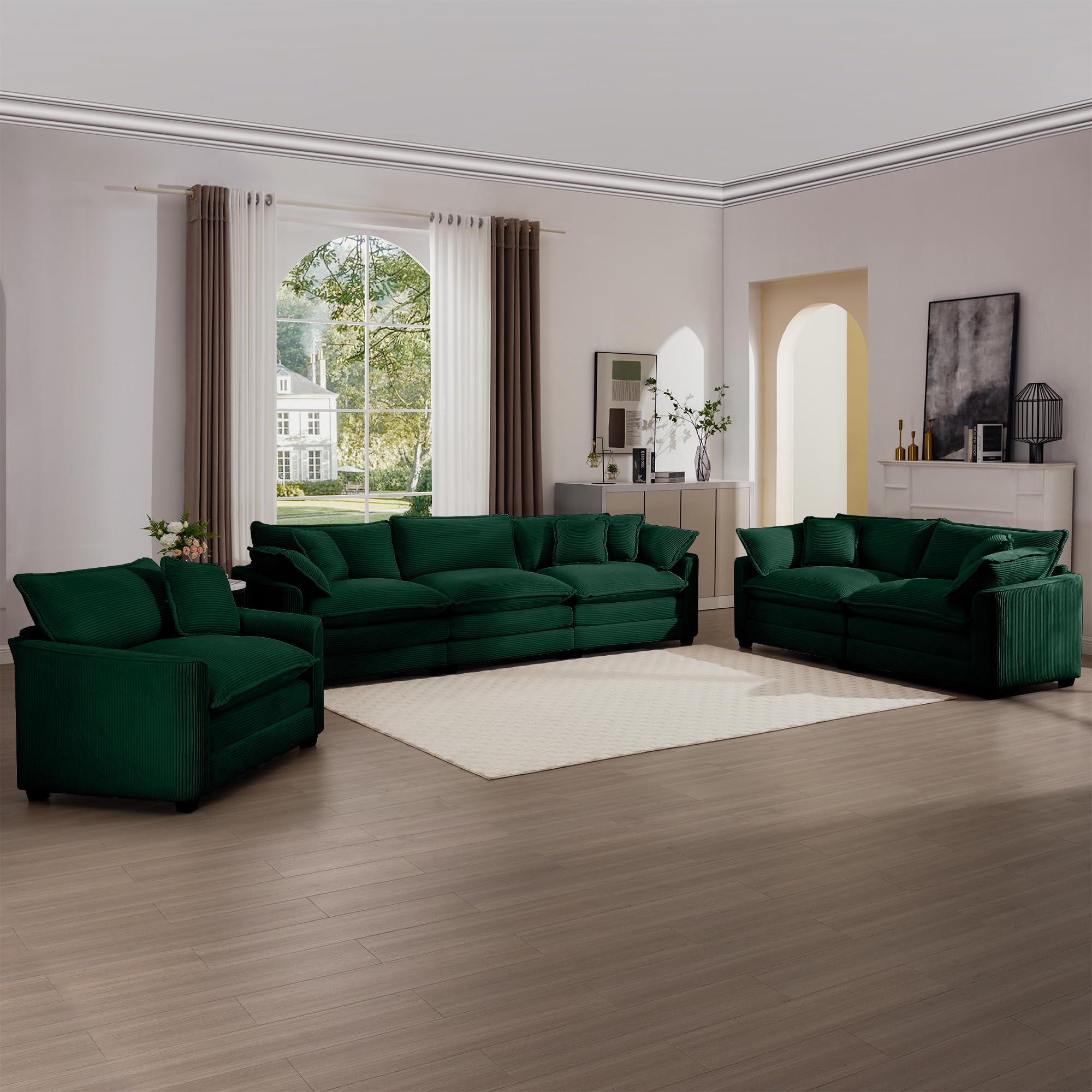 Photo 1 of ****PARTIAL SET, SECTIONAL SOFA PIECE ONLY**** KEIKI 3-Piece Sofa Set with 1 Oversized Corduroy 3-Seater Sofa & 1 Loveseat & 1 Single Sofa, Upholstered 6-Seater Couch Set with 10 Pillow, High-Density Foam Cushions, for Living Room, Green