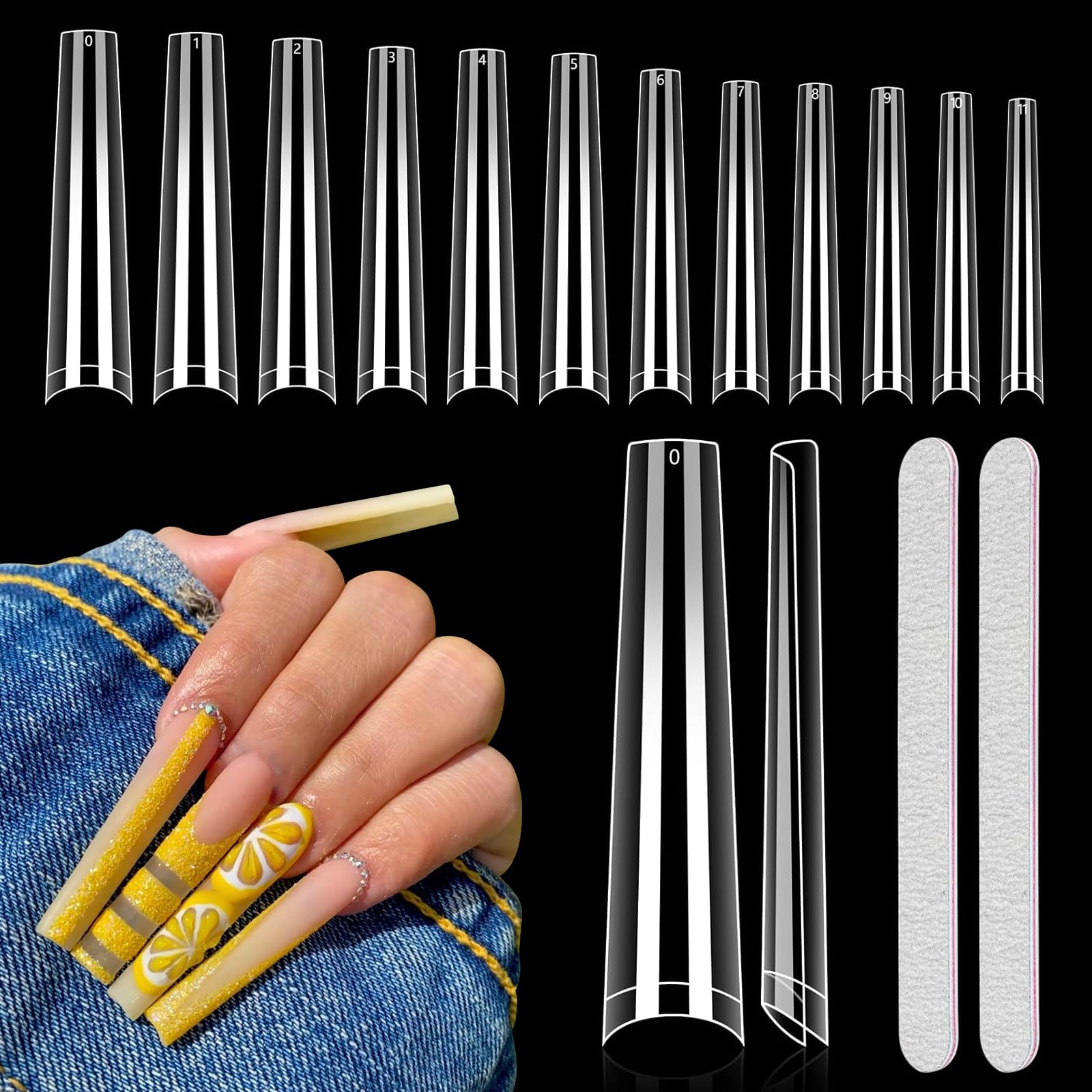 Long Clear Coffin Nails Tips: 504Pcs XXXL Extra Long No C Curve Nail Tips Coffin - Half Cover Gel Acrylic Nail Tips for Women Salons Home DIY with 2 Nail Files