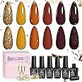 beetles Gold Gel Polish Set, 6 Colors Burgundy Red Orange Brown Gel Nail Polish Red-Brown Glitter Gel Polish Soak Off UV Gel Nail Art Design Gifts for Women