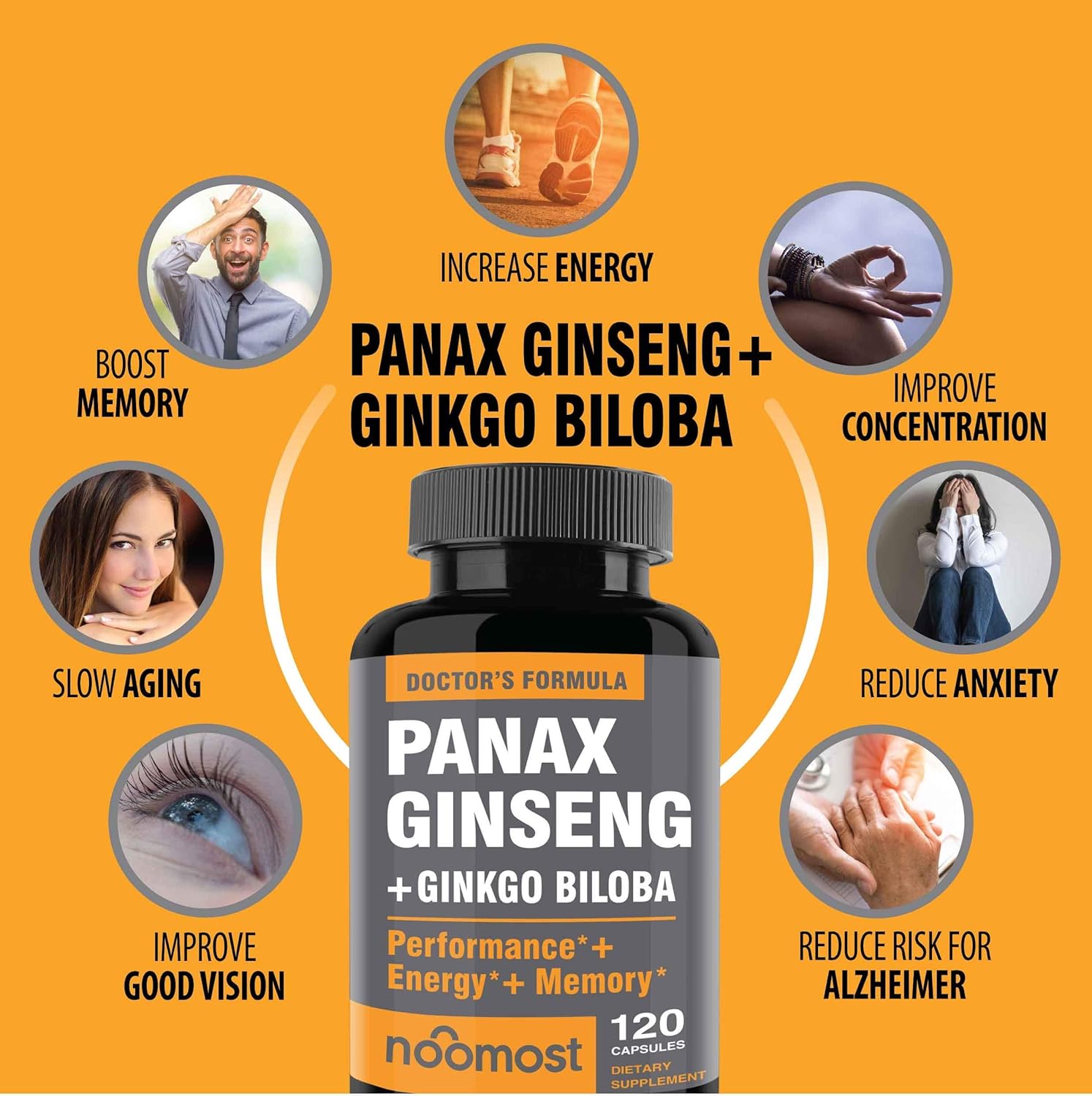 Authentic Korean Red Panax Ginseng + Ginkgo Biloba, 120 Vegan Capsules, Ginseng Root Extract Powder 1000mg (10% Ginsenosides) + Gingko Biloba 60mg, Energy and Focus Pills for Men and Women by NooMost: Health & Personal Care