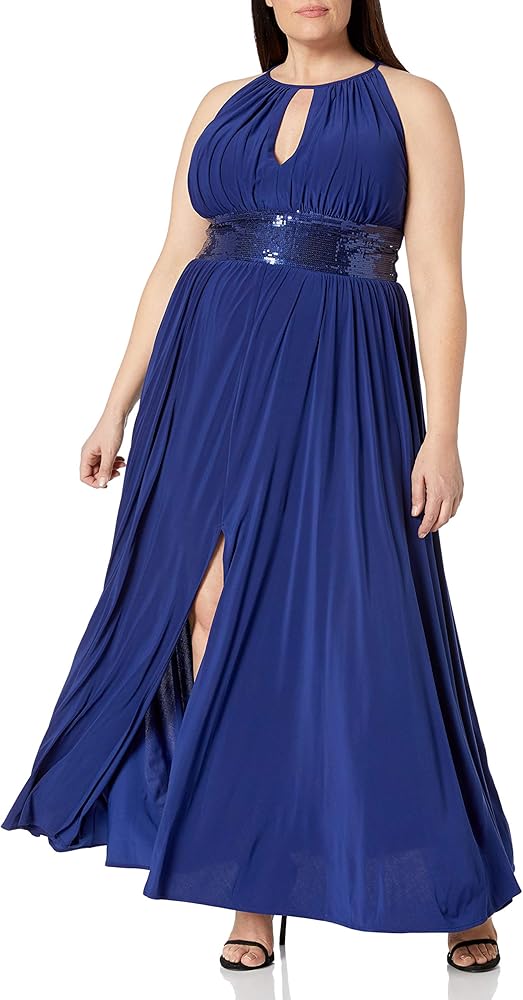 r & m richards sleeveless halter neck lace evening gown