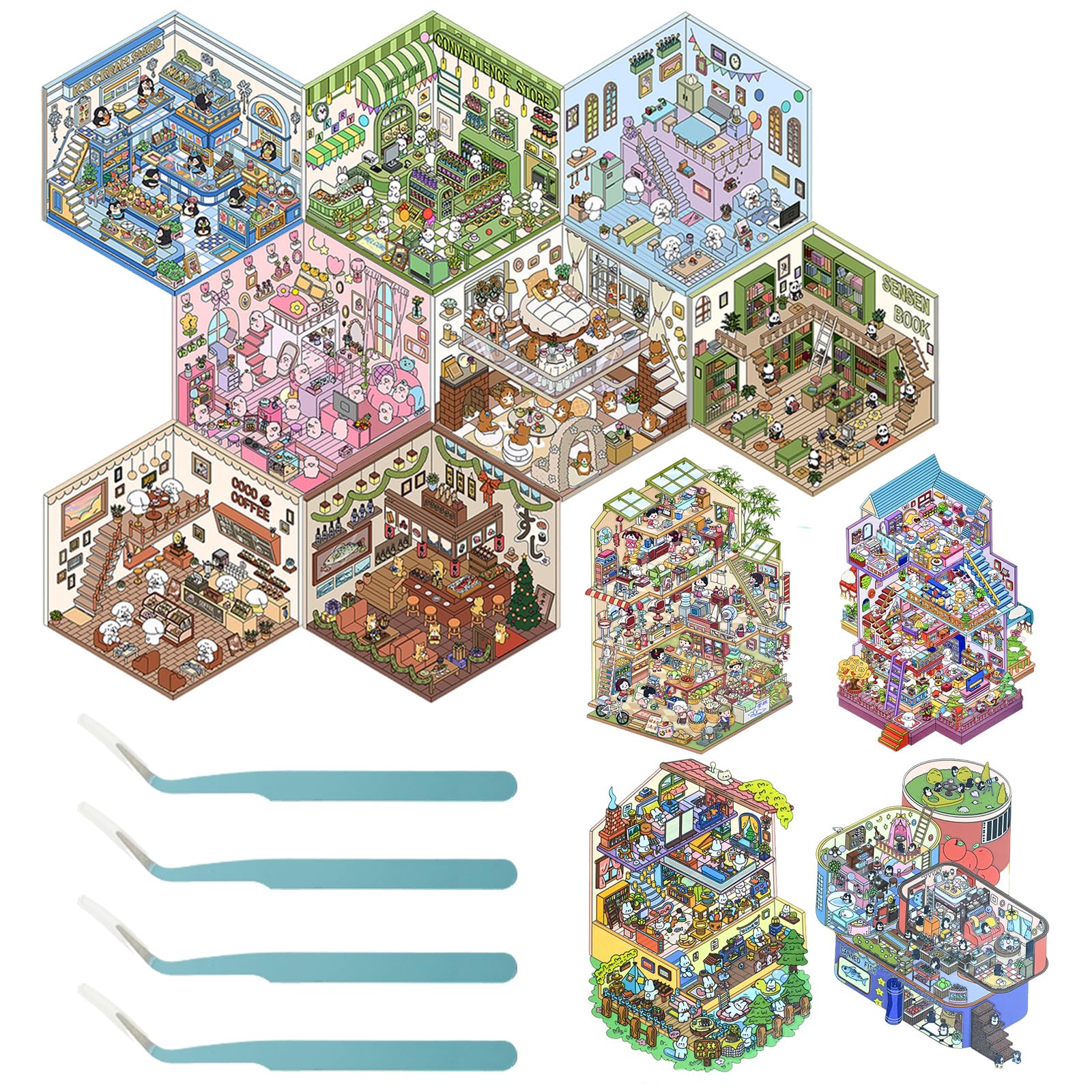 Photo 1 of 12 Sets DIY 3D House Stickers, Fun DIY Stickers Scene Make Your Own Mini Room Scene, Cute 3D Miniature Scene Stickers, Creative Versatile Stacking House Stickers for Adults Kids Relief Stress (l)