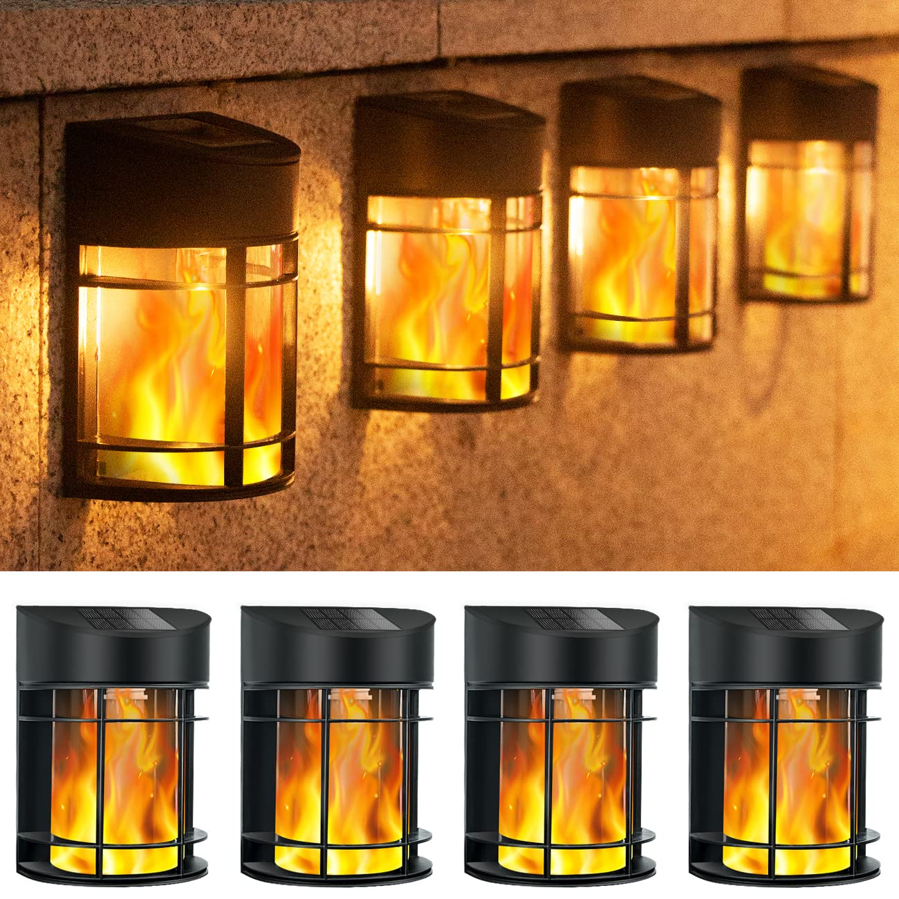 btfarm 【4 Pack】 Solar Flame Lights Outdoor Garden, Fence Lights Solar Powerd Waterproof Retro LED Wall Lights for Garden Fence Patio Decking Gate Yard Decoration