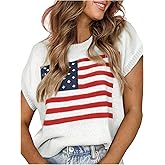 GORGLITTER Women's American Flag Short Sleeve Sweater Crewneck Dolman Sleeve Pullover Knit Tank Top Fall 2025 White Large