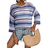 Dokotoo Womens Spring Summer 3/4 Sleeve Crochet Sweater Hollow Out Color Block Striped Tops Casual Beach Vacation Cover Ups
