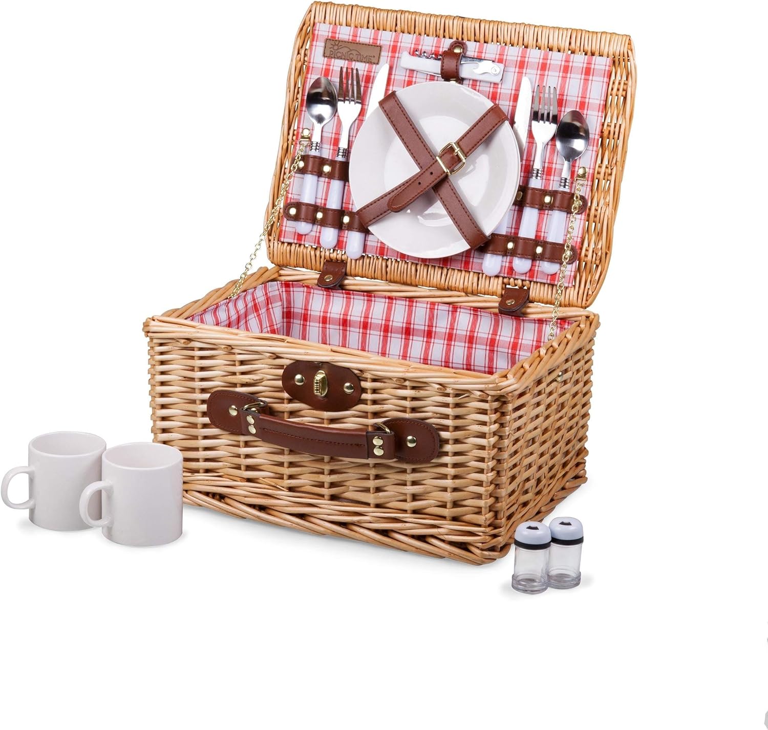 Picnic Basket Brown Red White Hard Sided Wicker Leather