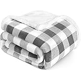 PAVILIA Light Grey Buffalo Plaid Sherpa Throw Blanket for Couch Twin, Soft Fuzzy Flannel Blanket for Bed, Plush Checkered Fleece Blanket and Throws, Warm Thick Winter Blanket Gift, 60x80