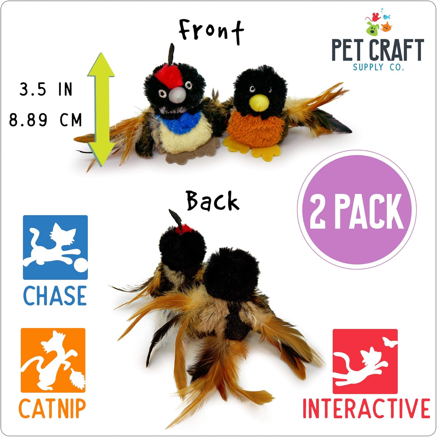 Pet Craft Supply Co. Batty Bird & Quirky Quail Funny Cuddling Chasing Irresistible Stimulating Soft Plush Boredom Relief Interactive Catnip Filled Cat Toy with Realistic Feathers 2 Pack : Pet Supplies