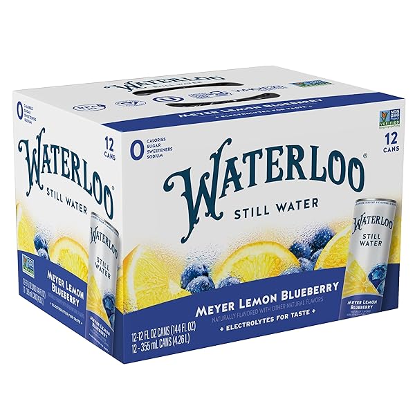 WATERLOO STILL WATER, MEYER LEMON BLUEBERRY NATURALLY FLAVORED PURIFIED WATER | 12 FL OZ CANS (PACK OF 12) – ZERO CALORIES AND ZERO SUGAR OR SWEETENERS