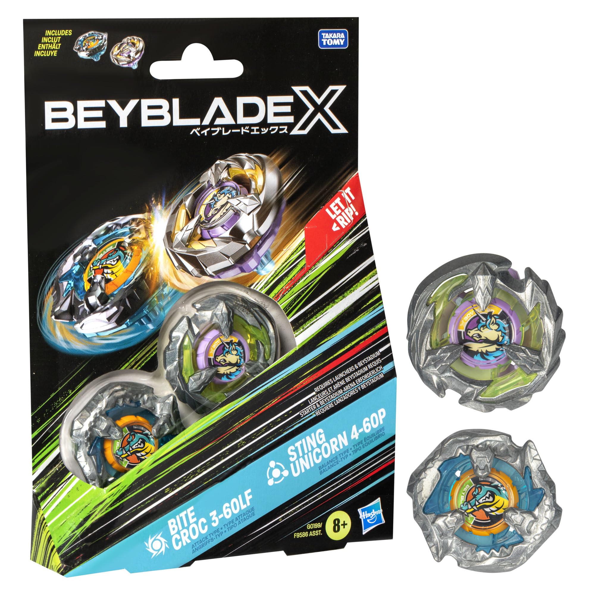 Beyblade X Bite Croc 3-60LF and Sting Unicorn 4-60P Top Dual Pack Set, Includes 2 Right-Spin Tops, Spinning Bey Toys for 8+ Year Old Kids, Attack & Balance