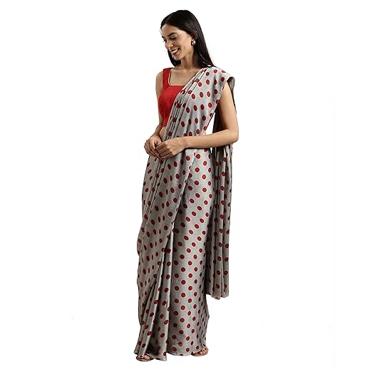 Womanista Crepe with Blouse Piece Saree (TKIM804_Grey & Red_Free Size)
