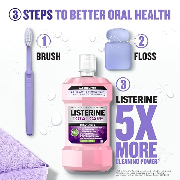 LISTERINE TOTAL CARE ALCOHOL FREE ANTICAVITY FLUORIDE MOUTHWASH, 6 BENEFIT ORAL RINSE TO HELP KILL 99.9% OF GERMS THAT CAUSE BAD BREATH, STRENGTHEN TEETH, RESTORES ENAMEL, FRESH MINT FLAVOR, 1 L