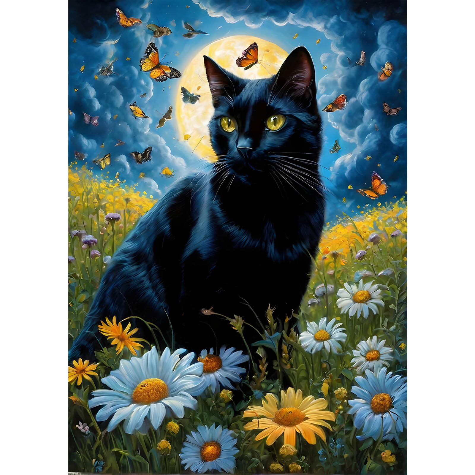 EOBROMD Cat Diamond Painting, 5D Flowers Diamond Painting Kits for Adults, Full Round Drill Diamond Art Kits, Moon Diamond Painting Artistic Crystal Rhinestone Craft for Home Decor Gifts 30x40cm