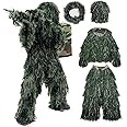 SATXTREM 5 in 1 Ghillie Suit,3D Camouflage Hunting Apparel Including Jacket,Pants,Hood,Carry Bag Suitable for Unisex Kids Adults Youth Men