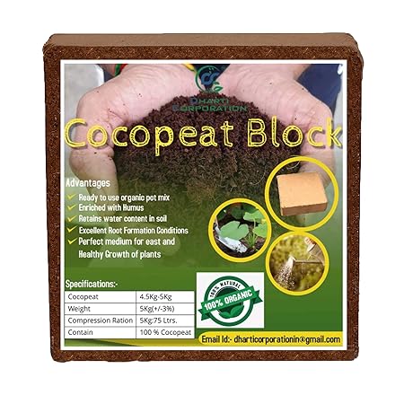 Dharti Corporation Cocopeat Block 5 Kg (When Packing) for Home Gardening Kitchen Gardening hydroponic Nursery Soil Mix Potting Mix Fertilizer Upto 70 Litter Expands 100% Pure Cocopeat (5)