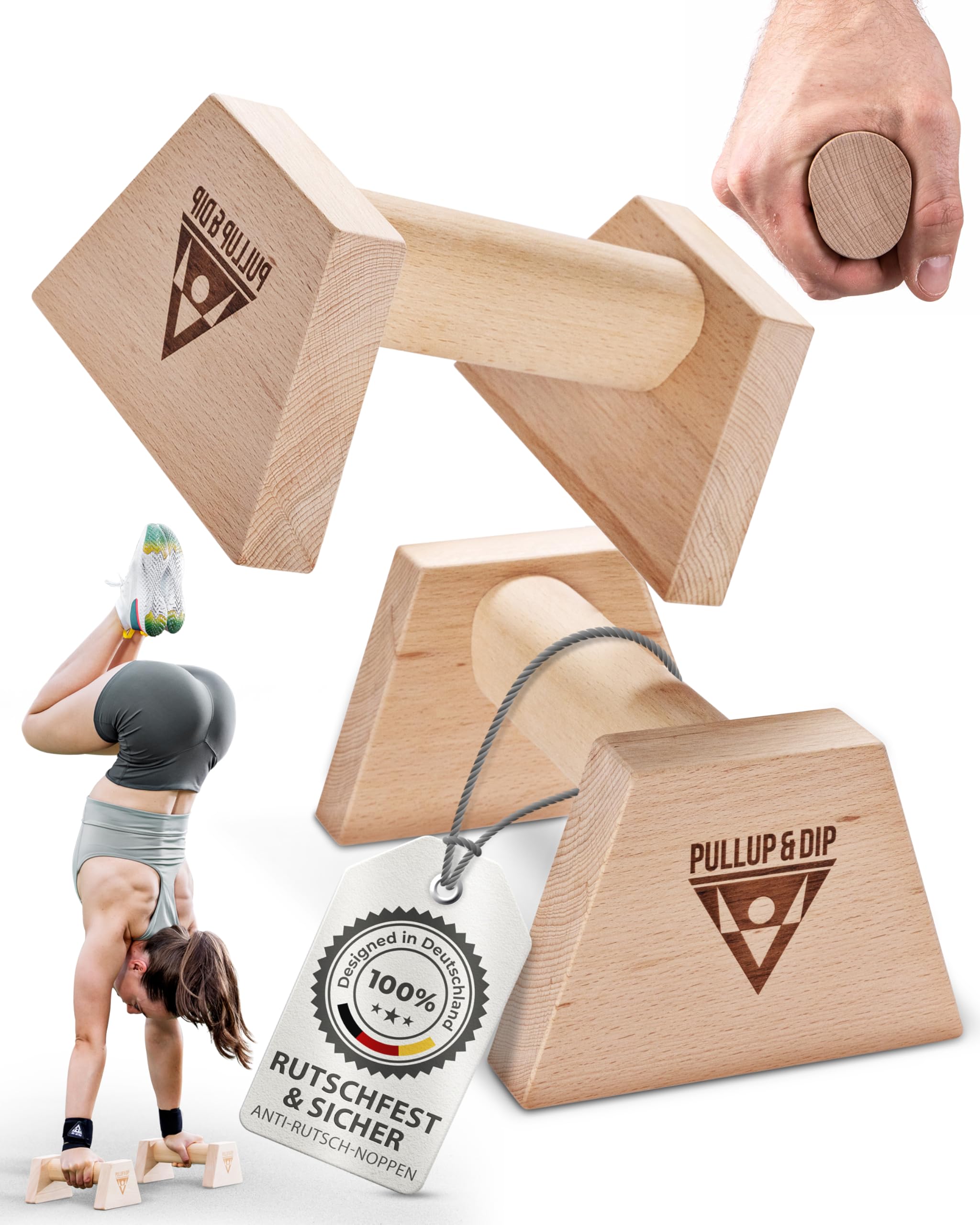 PULLUP & DIP push-up bars made of wood including wrist bandages - ergonomic handstand handles, non-slip push-up bars for calisthenics, fitness & upper body training