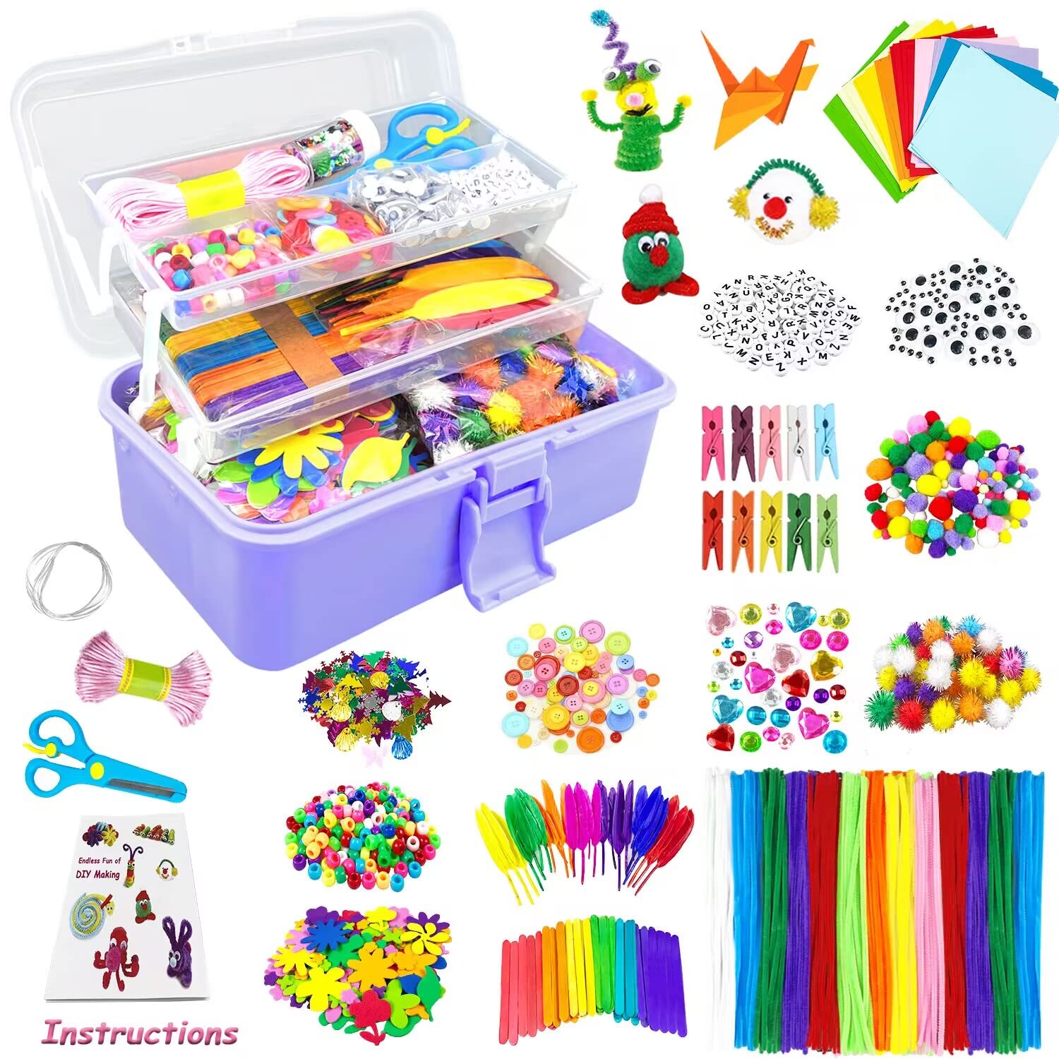 VLUINANI 3000Pcs Craft Kits for Kids DIY Arts and Crafts Supplies Set with Pipe Cleaners Craft Box Preschool Homeschool Toys Gift for Kids Boys and Girls Age 4 5 6 7 8