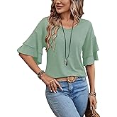 Womens Top Ruffle T Shirts Short Sleeve Blouses V Neck Tee Bell Sleeve Fall Spring Summer Fashion Clothes Cute Tunic