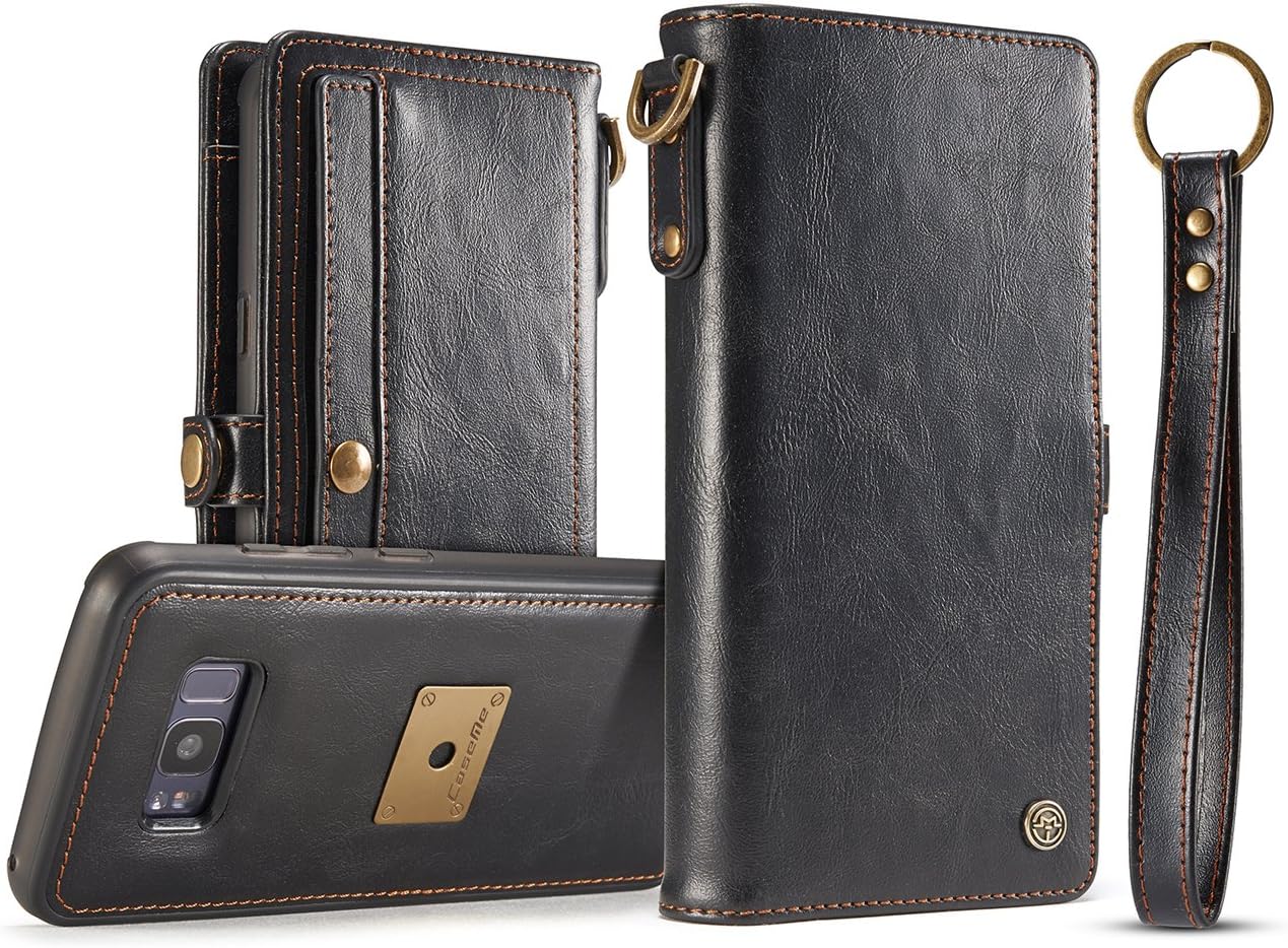 Galaxy S8 Plus Leather Case,HIPICB Genuine Leather Flip Folio Opening Wallet Case,Snap Magnetic Closure with Hand Strap,Slim Shockproof Flip Cover and Card Slots for Samsung Galaxy S8 Plus - Black