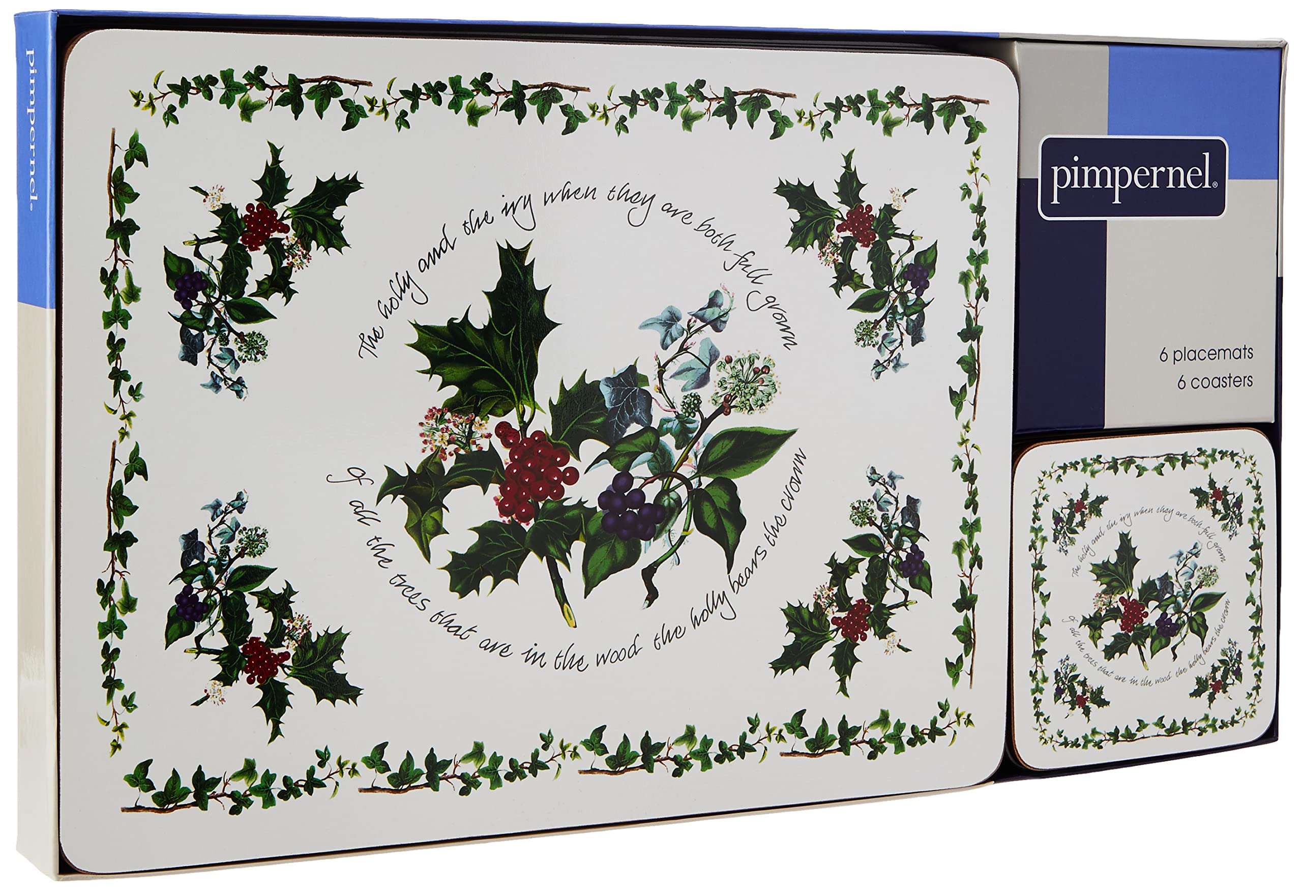 Pimpernel Set of 6 Placemats & Coasters - Cork-Backed Table Mats, The Holly and The Ivy Floral Design with Heat Resistance & Stain Protection for Everyday Dining