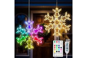 ODEETRONIC Snowflake Window Silhouette Lights, 2 Packs 12" Folding RGB Christmas Window Hanging Lights with Remote, 61 Mode Color Changing Christmas Snowflakes Light for Xmas Indoor Outdoor Eave Decor