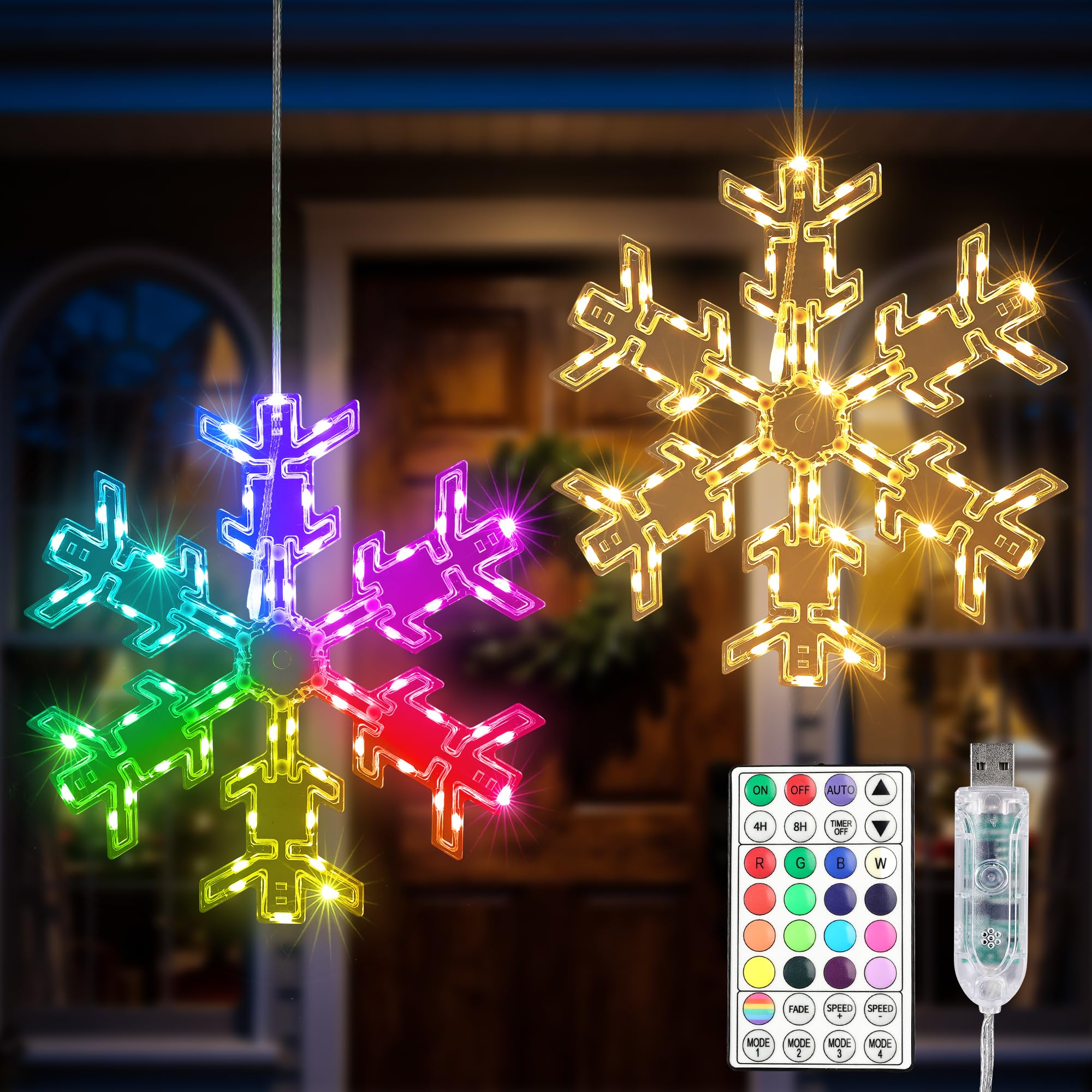 Photo 1 of BrizLabs 2 Pack Christmas Window Lights with Remote, 61 Modes, Warm & Cool White & RGB Color Changing 12" Foldable Snowflake Hanging Christmas Lights for Xmas Indoor Outdoor Wall Door Fireplace Decor