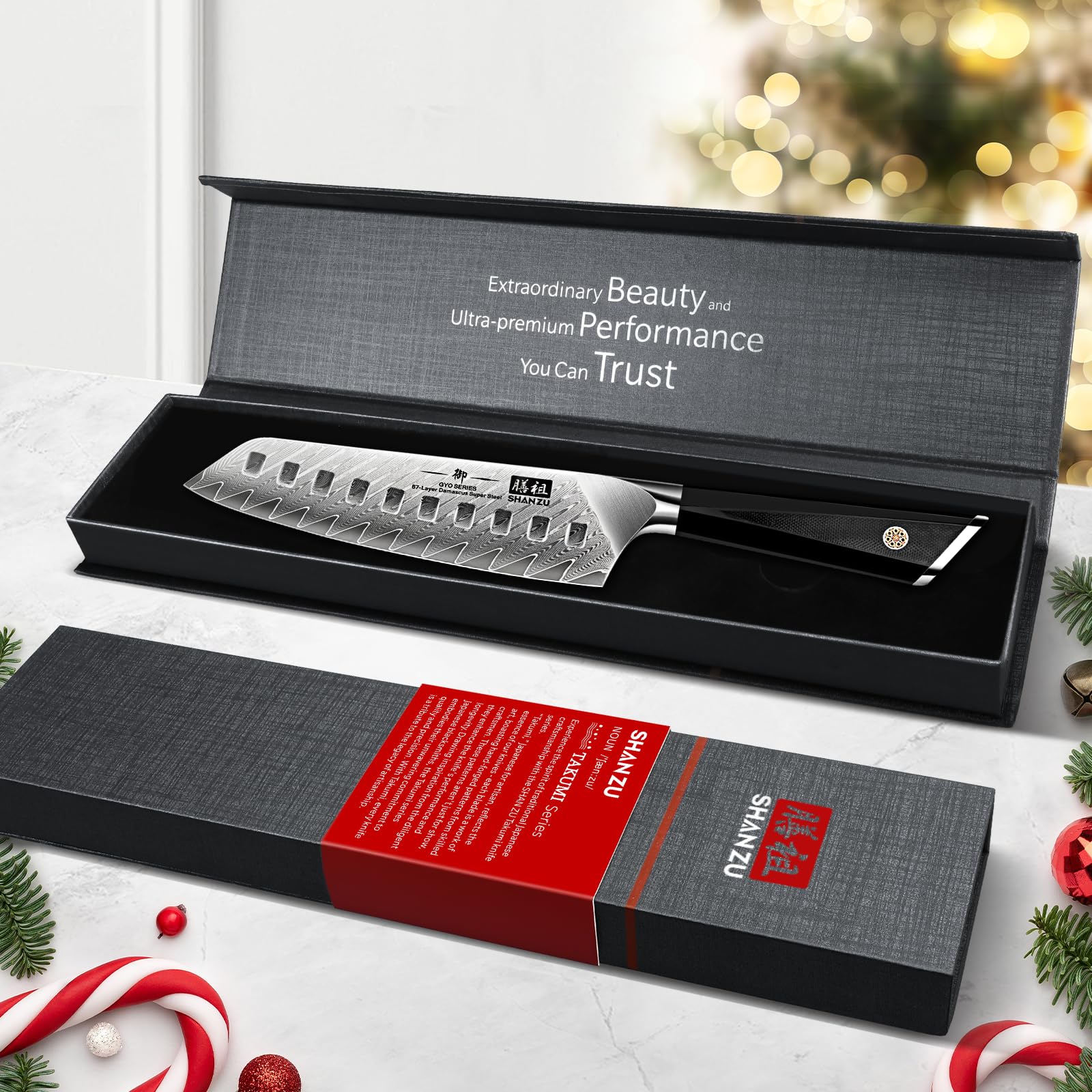 SHAN ZU Damastmesser, Santokumesser Küchenmesser 18cm Kochmesser Damaskus 10Cr15Mov Edelstahl Scharfe Messerklinge Ergonomischer G10 Griff Exquisiter Geschenkverpackun 5