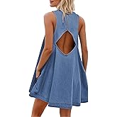 YUENIU Women's Sleeveless Denim Babydoll Mini Dress Summer Casual Cutout Back A-Line Flowy Jean Dress with Pockets