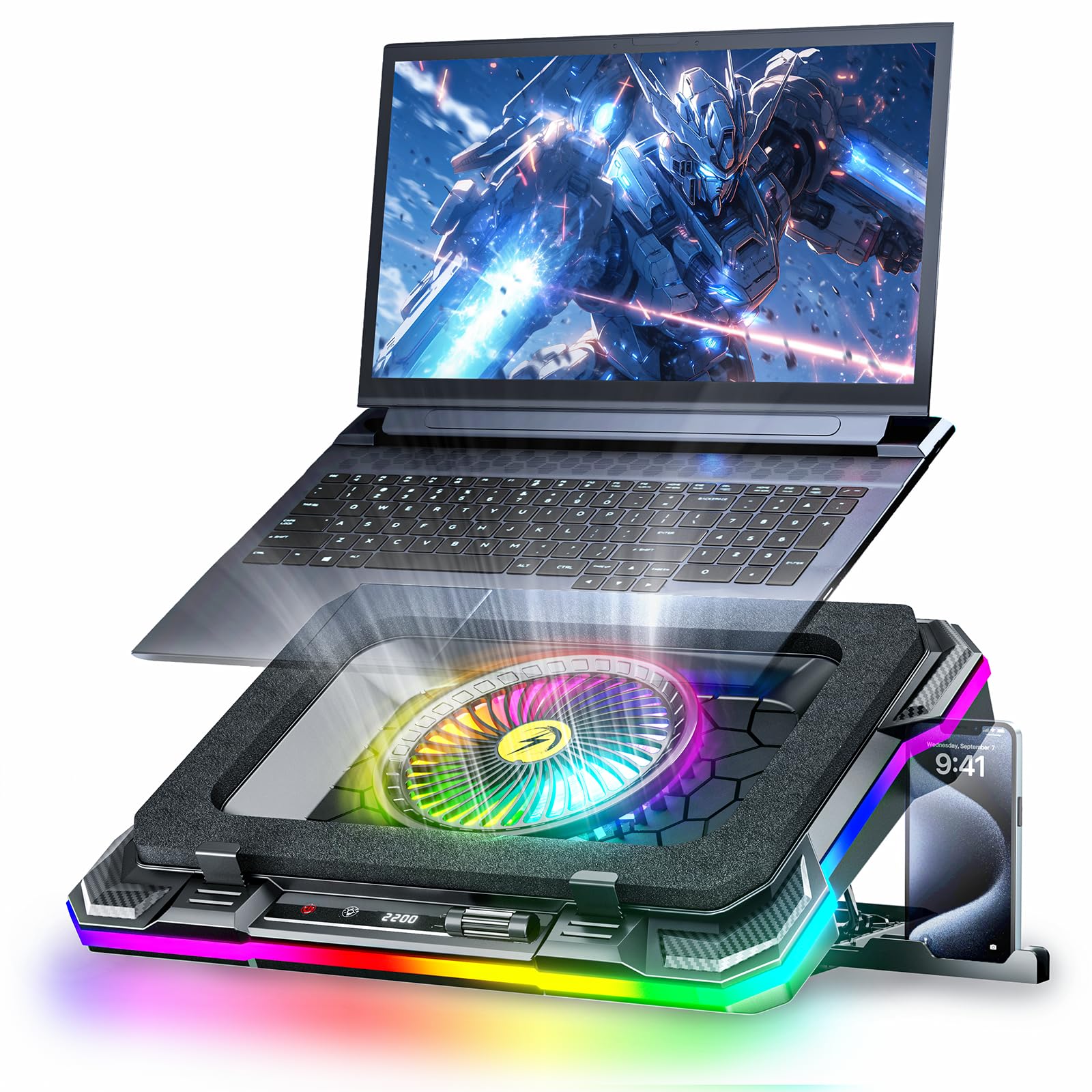 Photo 1 of KeiBn Gaming Laptop Cooling Pad, Laptop Fan Cooling Pad with 5.5inch RGB External Fan, Rapid Cooling Laptop 15.6-19.3inch, 8 Height Stands, 2 USB Ports, Phone Holder-K1 5V RGB