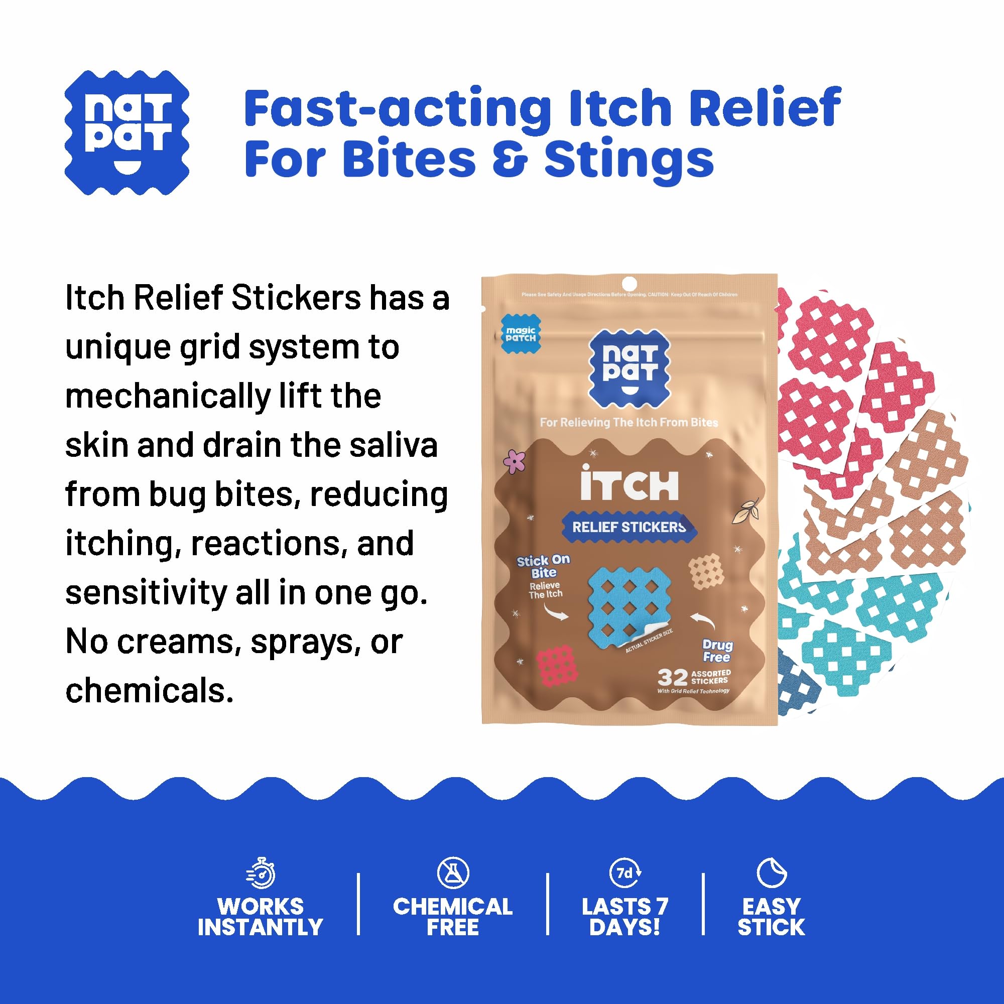 NATPAT Magic Patch Itch Relief Stickers - Insect Bite Patch for Mosquitos, Ticks, Midges, Sandflies, and Bed Bug Bites - Buzzpatch - 32 Count