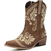 Rivalran Cowboy Boots for Women - Western Embroidered Cowgirl Boots with Sparkly Rhinestone, Pointed Toe Chunky Heel Side Zipper Vintage Short Booties, Women's Ankle High Fashion Retro Country Booties