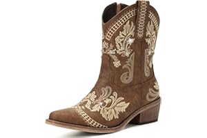 Rivalran Cowboy Boots for Women - Western Embroidered Cowgirl Boots with Sparkly Rhinestone, Pointed Toe Chunky Heel Side Zipper Vintage Short Booties, Women's Ankle High Fashion Retro Country Booties