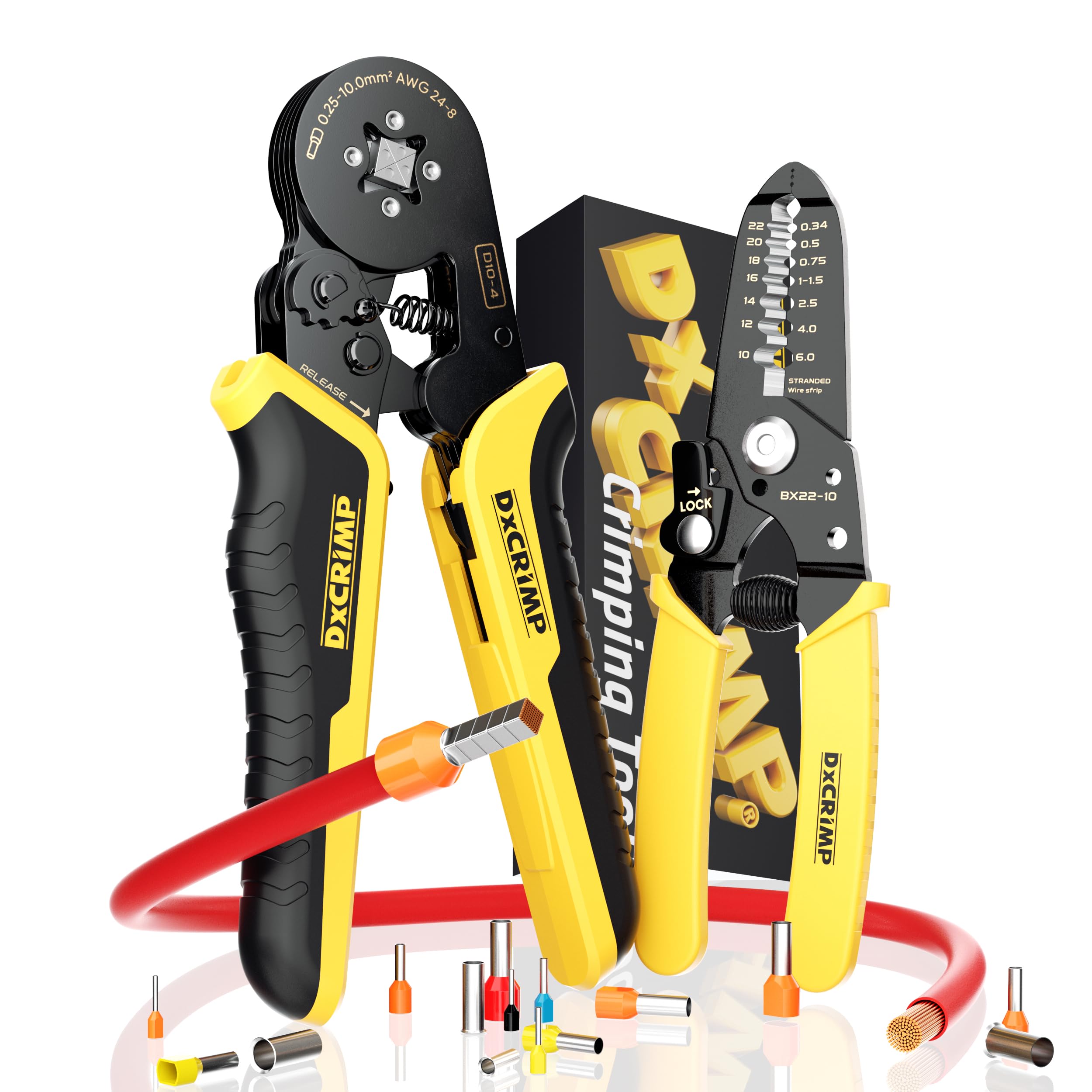 DXCRIMP DxCRIMP® Ferrule Crimping Pliers Set, Wire Stripper.Professional End Self-Adjusting [0.25-10 mm²] Electrical Tool, Pliers, Set (D10-4B)