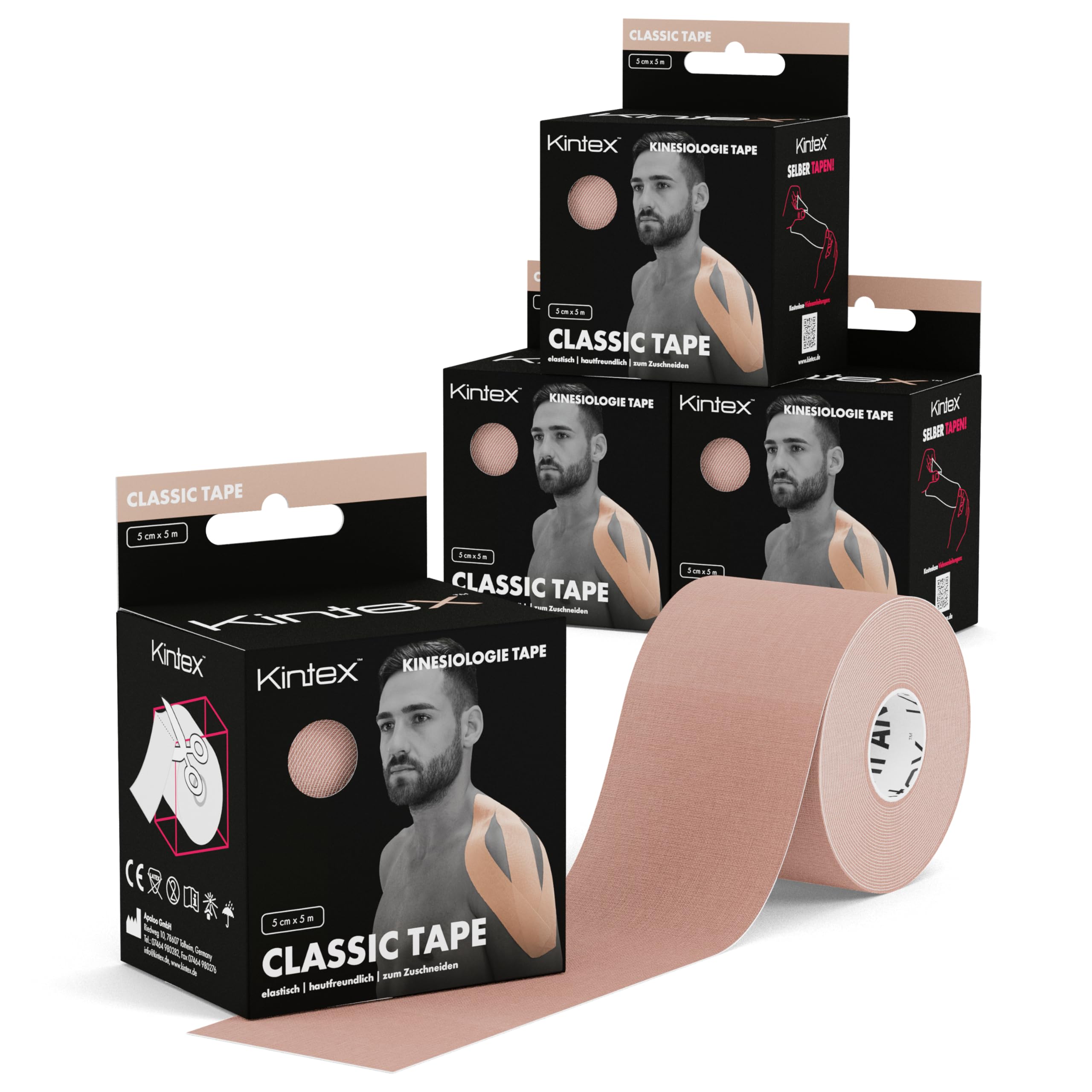 Kintex 4 Rolls of Kinesiology Tape Classic, 5 cm x 5 m, Skin-Friendly & Waterproof Kinesiology Tape, Physio Tape, for Sports & Physiotherapy