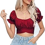 COOUFE Women's Crop Tops Ruffle Short Sleeve Tie